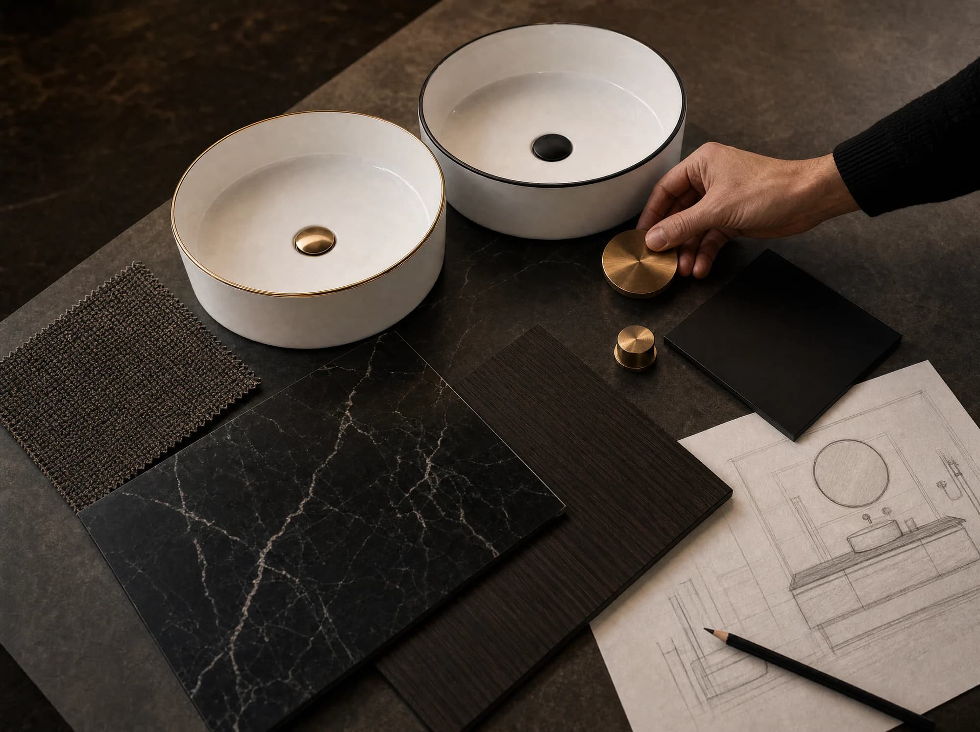 Moodboard projektantki z umywalkami NOVRO Gold i Black