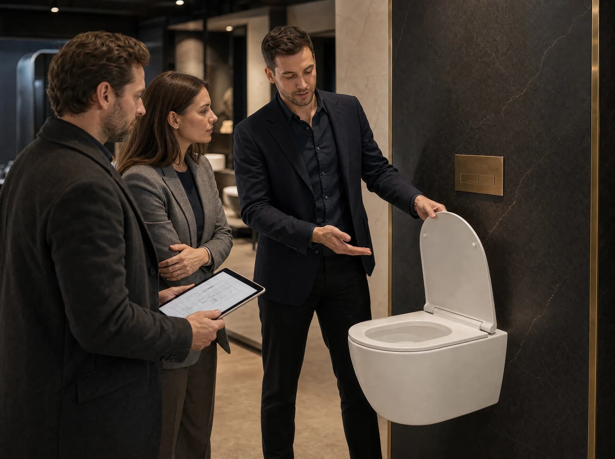 Doradca prezentuje miskę WC EVARO architektowi i deweloperce